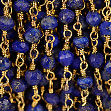 Load image into Gallery viewer, Dyed Sapphire Faceted Bead Rosary Chain 3-3.5mm Gold Plated Bead Rosary 5FT
