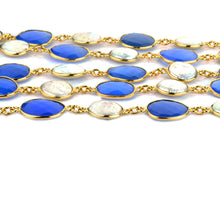 Load image into Gallery viewer, Blue Chalcedony &amp; Pearl 10-15mm Mix Faceted Shape Gold Plated Bezel Continuous Connector Chain
