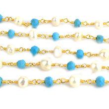 Load image into Gallery viewer, Turquoise With Pearl Faceted Bead Rosary Chain 3-3.5mm Gold Plated Bead Rosary 5FT
