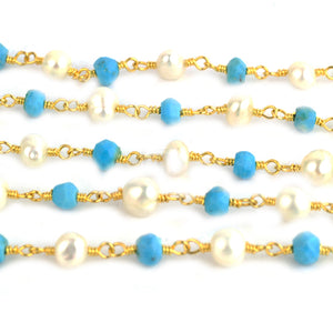 Turquoise With Pearl Faceted Bead Rosary Chain 3-3.5mm Gold Plated Bead Rosary 5FT