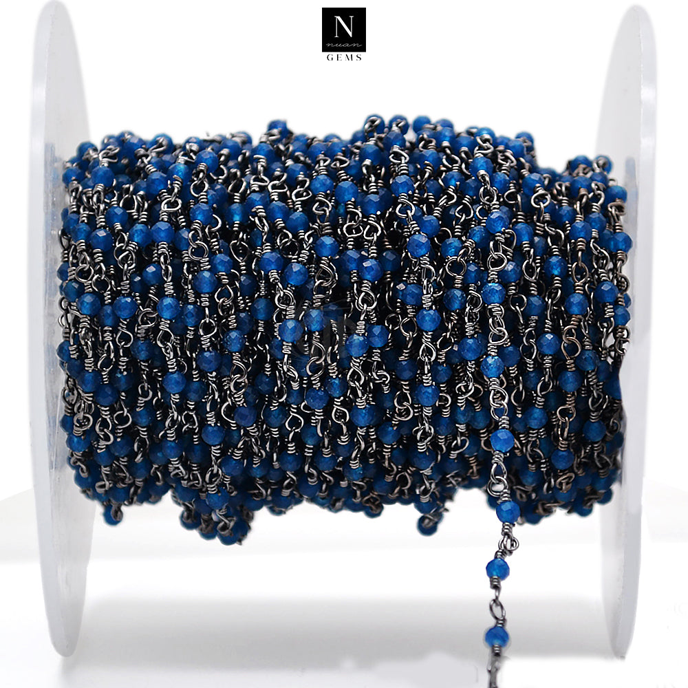 5ft Royal Blue Chalcedony 2-2.5mm Oxidized Wrapped Beads Rosary | Gemstone Rosary Chain | Wholesale Chain Faceted Crystal