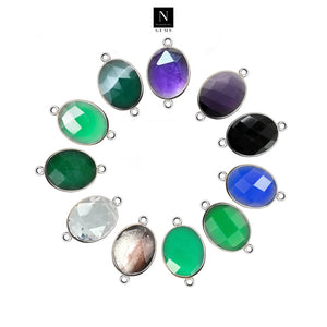 10pc Set Oval Birthstone Double Bail Silver Plated Bezel Link Gemstone Connectors 15x20mm