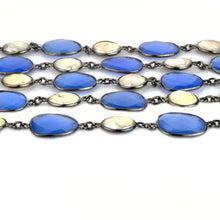 Load image into Gallery viewer, Blue Chalcedony With Pearl 10-15mm Mix Faceted Shape Oxidized Bezel Continuous Connector Chain
