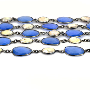 Blue Chalcedony With Pearl 10-15mm Mix Faceted Shape Oxidized Bezel Continuous Connector Chain