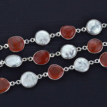 Load image into Gallery viewer, Carnelian With Pearl 10-15mm Mix Faceted Shape Silver Plated Bezel Continuous Connector Chain
