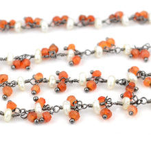 Load image into Gallery viewer, Carnelian &amp; Pearl 2-2.5mm Cluster Rosary Chain Faceted Oxidized Dangle Rosary 5FT
