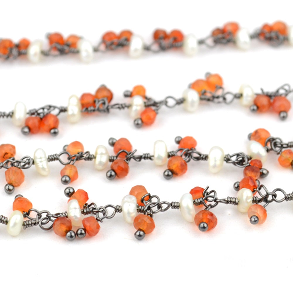 Carnelian & Pearl 2-2.5mm Cluster Rosary Chain Faceted Oxidized Dangle Rosary 5FT