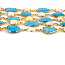 Load image into Gallery viewer, Turquoise With Pearl 10-15mm Mix Faceted Shape Gold Plated Bezel Continuous Connector Chain
