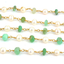 Load image into Gallery viewer, Chrysoprase With Pearl Faceted Large Beads 5-6mm Gold Plated Rosary Chain

