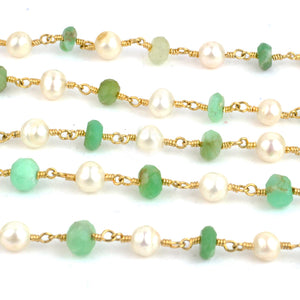 Chrysoprase With Pearl Faceted Large Beads 5-6mm Gold Plated Rosary Chain
