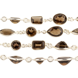 Smokey Topaz 10mm Mix Faceted Shape Silver Plated Bezel Continuous Connector Chain