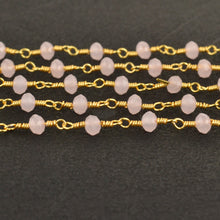 Load image into Gallery viewer, Dyed Rose Chalcedony Faceted Bead Rosary Chain 3-3.5mm Gold Plated Bead Rosary 5FT
