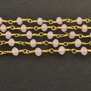 Dyed Rose Chalcedony Faceted Bead Rosary Chain 3-3.5mm Gold Plated Bead Rosary 5FT