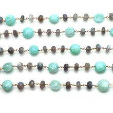 Load image into Gallery viewer, Labradorite 7-8mm With Amazonite 10-11mm Faceted Large Beads Gold Plated Rosary Chain
