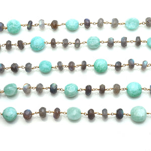 Labradorite 7-8mm With Amazonite 10-11mm Faceted Large Beads Gold Plated Rosary Chain