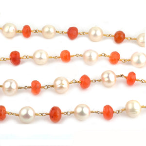 Carnelian With Pearl Faceted Large Beads 7-8mm Gold Plated Rosary Chain