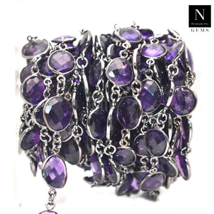 Amethyst 10mm Mix Faceted Shape  Oxidized Bezel Continuous Connector Chain