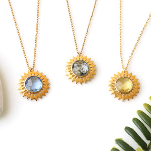 5PC Sun Shape Gemstone Necklace Pendant | Gold Plated Sunflower Necklace | Birthstones Sun Charm Crystal Pendant