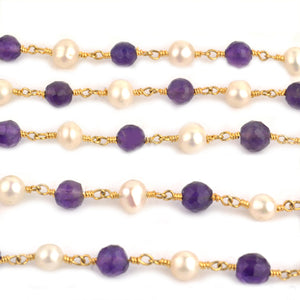 Amethyst With Pearl Faceted Large Beads 5-6mm Gold Plated Rosary Chain