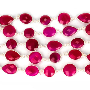 Hot Pink Chalcedony 10-15mm Mix Faceted Shape Silver Plated Bezel Continuous Connector Chain