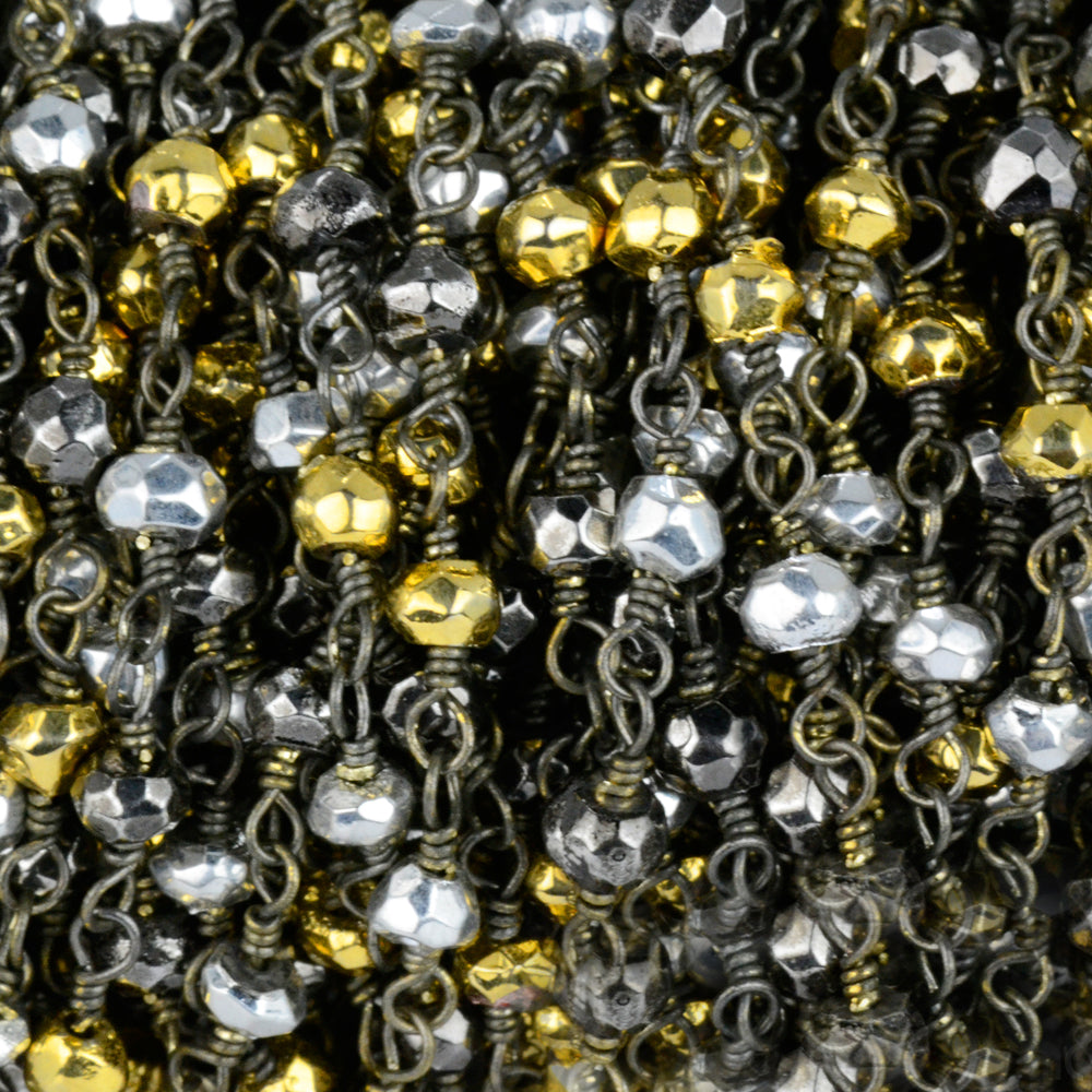 Multi Pyrite Faceted Bead Rosary Chain 3-3.5mm Oxidized Bead Rosary 5FT
