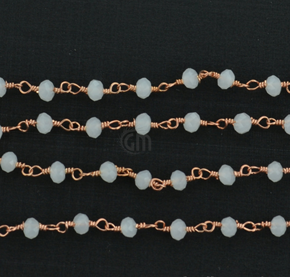 5ft White Chalcedony 3-3.5mm Rose Gold Wire Wrapped Beads Rosary | Gemstone Rosary Chain | Wholesale Chain Faceted Crystal