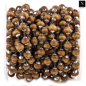 Dark Sand Wooden Faceted Large Beads 7-8mm Silver Plated Rosary Chain