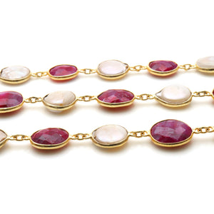 Ruby Coin With Pearl Round 10-15mm Round Gold Plated Bezel Continuous Connector Chain