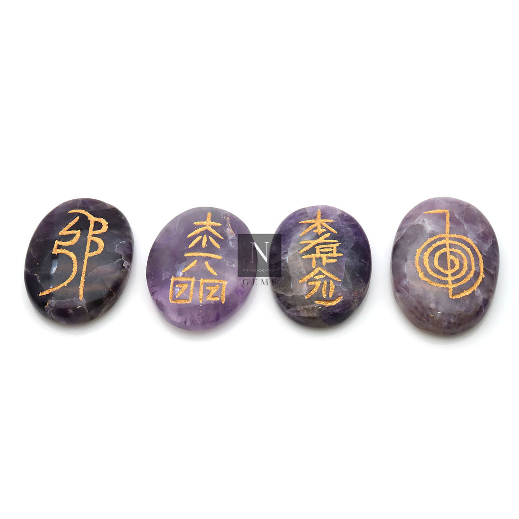 5 Set Reiki Symbol Engraved Gemstones | 4 Reiki Palm Stones | 39x28mm Oval | Reiki Symbols Set