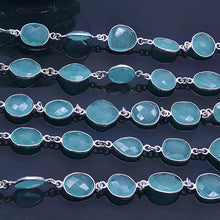 Load image into Gallery viewer, Aqua Chalcedony 10-15mm Mix Shape Silver Plated Bezel Continuous Connector Chain
