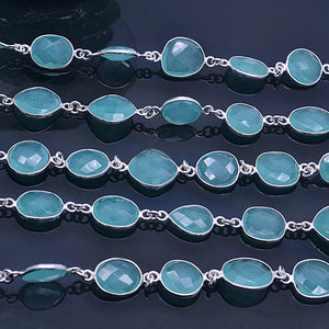 Aqua Chalcedony 10-15mm Mix Shape Silver Plated Bezel Continuous Connector Chain
