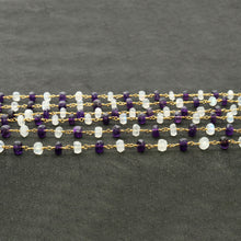 Load image into Gallery viewer, Amethyst With Rainbow Moonstone Faceted Large Beads 5-6mm Gold Plated Rosary Chain
