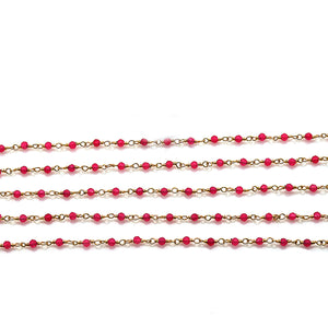 5ft Hot Pink Chalcedony 2-2.5mm Gold Wire Wrapped Beads Rosary | Gemstone Rosary Chain | Wholesale Chain Faceted Crystal