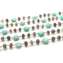 Load image into Gallery viewer, Labradorite 7-8mm With Amazonite 10-11mm Faceted Large Beads Gold Plated Rosary Chain

