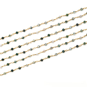 Moss Agate Faceted Bead Rosary Chain 3-3.5mm Gold Plated Bead Rosary 5FT
