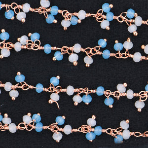 White & Blue Chalcedony Cluster Rosary Chain 2.5-3mm Faceted Rose Gold Plated Dangle Rosary 5FT