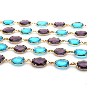 Amethyst And Blue Topaz 15mm Mix Faceted Shape Gold Plated Bezel Continuous Connector Chain