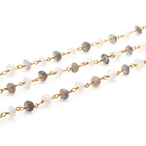 Labradorite With Rainbow Moonstone Faceted Large Beads 5-6mm Gold Plated Rosary Chain