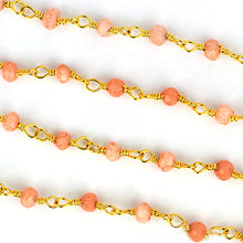 Load image into Gallery viewer, Peach Moonstone Faceted Bead Rosary Chain 3-3.5mm Gold Plated Bead Rosary 5FT
