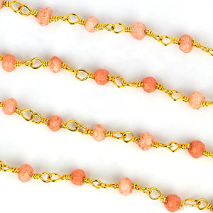 Peach Moonstone Faceted Bead Rosary Chain 3-3.5mm Gold Plated Bead Rosary 5FT