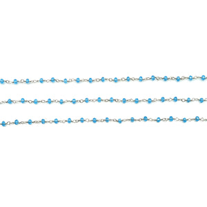 Blue Zircon Faceted Bead Rosary Chain 3-3.5mm Silver Plated Bead Rosary 5FT