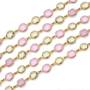Rose Chalcedony With Lemon Topaz 10mm Mix Faceted Shape Gold Plated Bezel Continuous Connector Chain