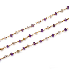 Load image into Gallery viewer, Amethyst &amp; Golden Rutile Faceted Bead Rosary Chain 3-3.5mm Gold Plated Bead Rosary 5FT
