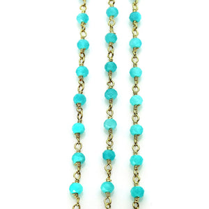 Dark Aqua Chalcedony Faceted Bead Rosary Chain 3-3.5mm Gold Plated Bead Rosary 5FT