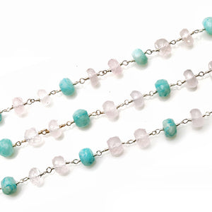 Rose Quartz With Amazonite Faceted Large Beads 7-8mm Silver Plated Rosary Chain