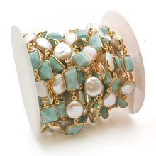 Load image into Gallery viewer, Amazonite And Pearl  10-15mm Round Gold Plated Bezel Continuous Connector Chain
