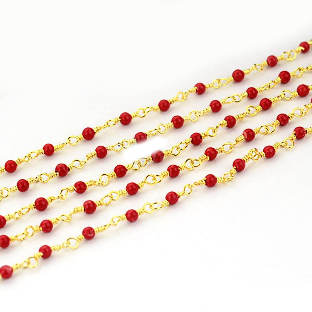 5ft Red Coral 2-2.5mm Gold Wire Wrapped Beads Rosary | Gemstone Rosary Chain | Wholesale Chain Faceted Crystal