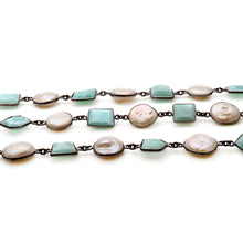 Load image into Gallery viewer, Amazonite And Pearl 15x10mm Round Oxidized Bezel Continuous Connector Chain
