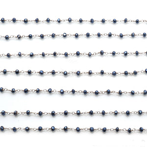 Metallic Blue Ray Pyrite Silver Faceted Bead Rosary Chain 3-3.5mm Silver Plated Bead Rosary 5FT