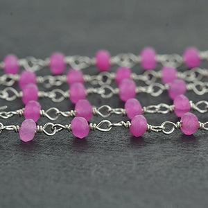 Hot Pink Chalcedony Faceted Bead Rosary Chain 3-3.5mm Silver Plated Bead Rosary 5FT